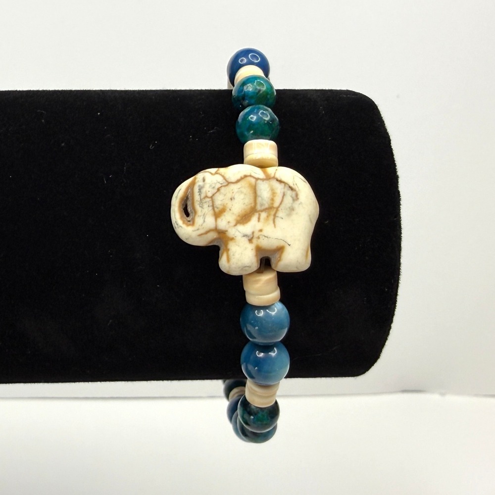 Cold Stone Elephant Charm Beaded Bracelet Agate Glass Colorful Beads Jewelry